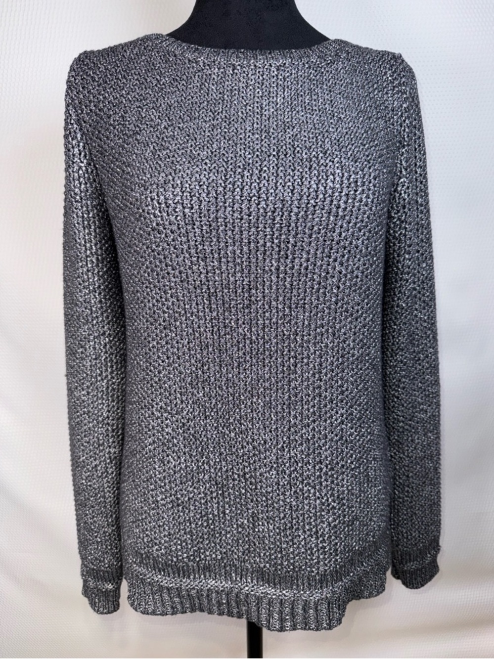 WHBM Metallic Knit Sweater Silver Black Marled Boat Neck Size Small